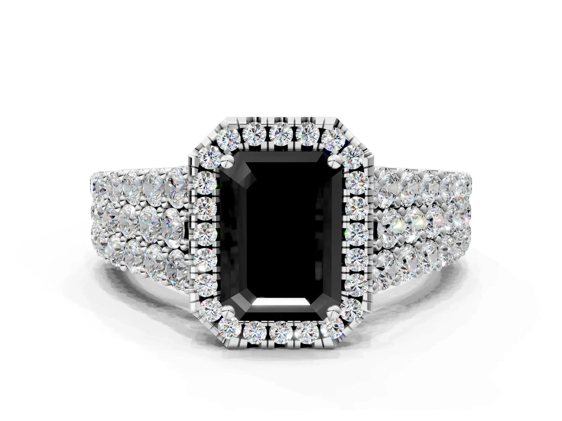 White gold Fancy Black Emerald Cut Halo Pavé Diamond Engagement Ring with Split Shank and Four-Prong Setting_3