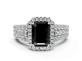 White gold Fancy Black Emerald Cut Halo Pavé Diamond Engagement Ring with Split Shank and Four-Prong Setting_3