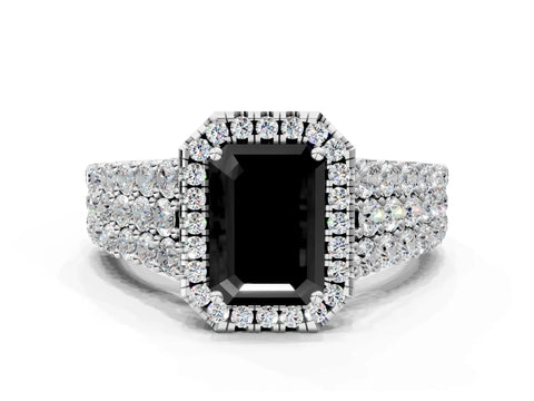 White gold Fancy Black Emerald Cut Halo Pavé Diamond Engagement Ring with Split Shank and Four-Prong Setting_3