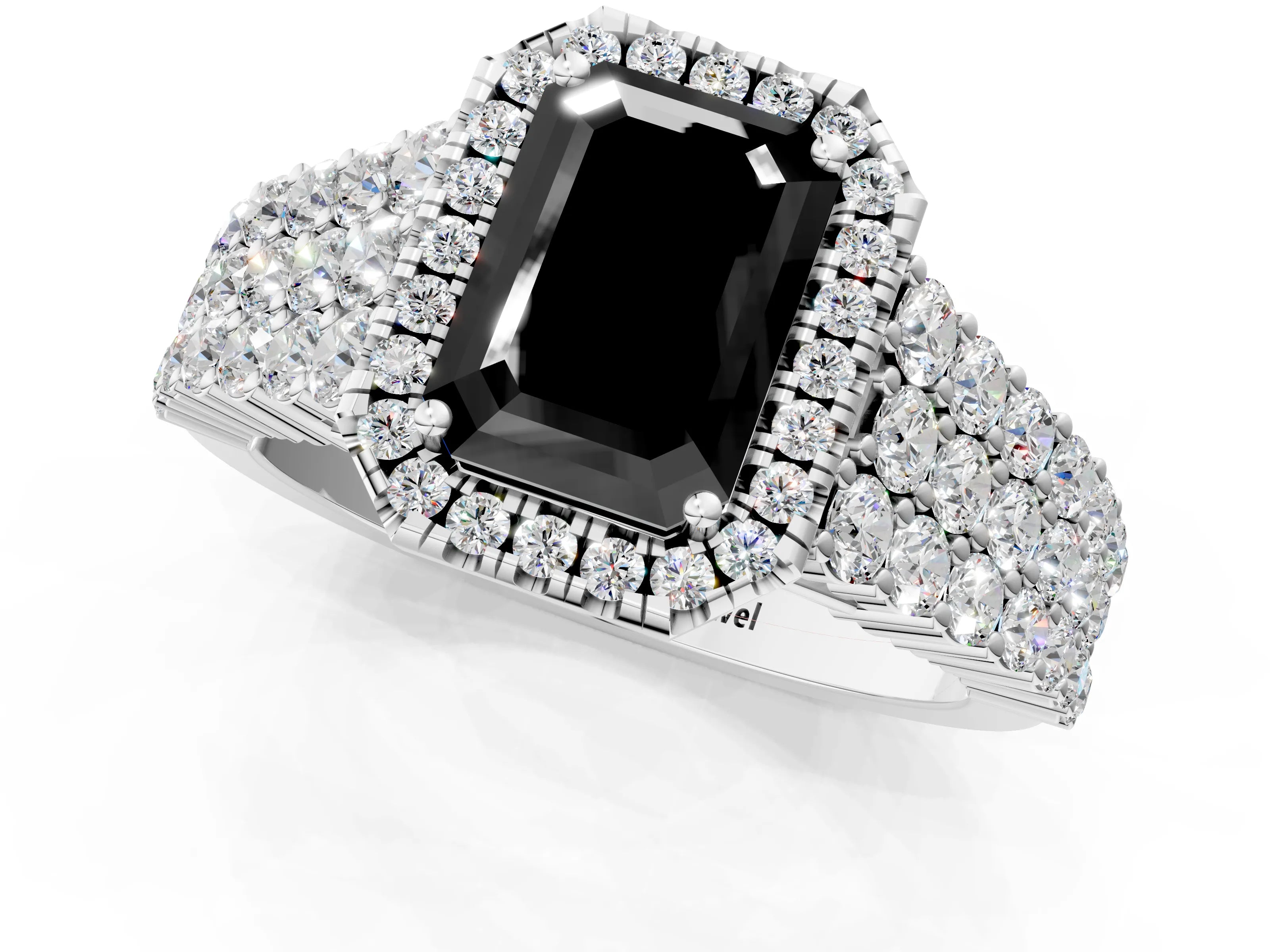 White gold Fancy Black Emerald Cut Halo Pavé Diamond Engagement Ring with Split Shank and Four-Prong Setting_4