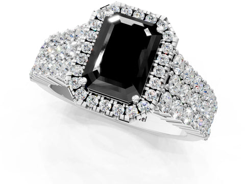 White gold Fancy Black Emerald Cut Halo Pavé Diamond Engagement Ring with Split Shank and Four-Prong Setting_4