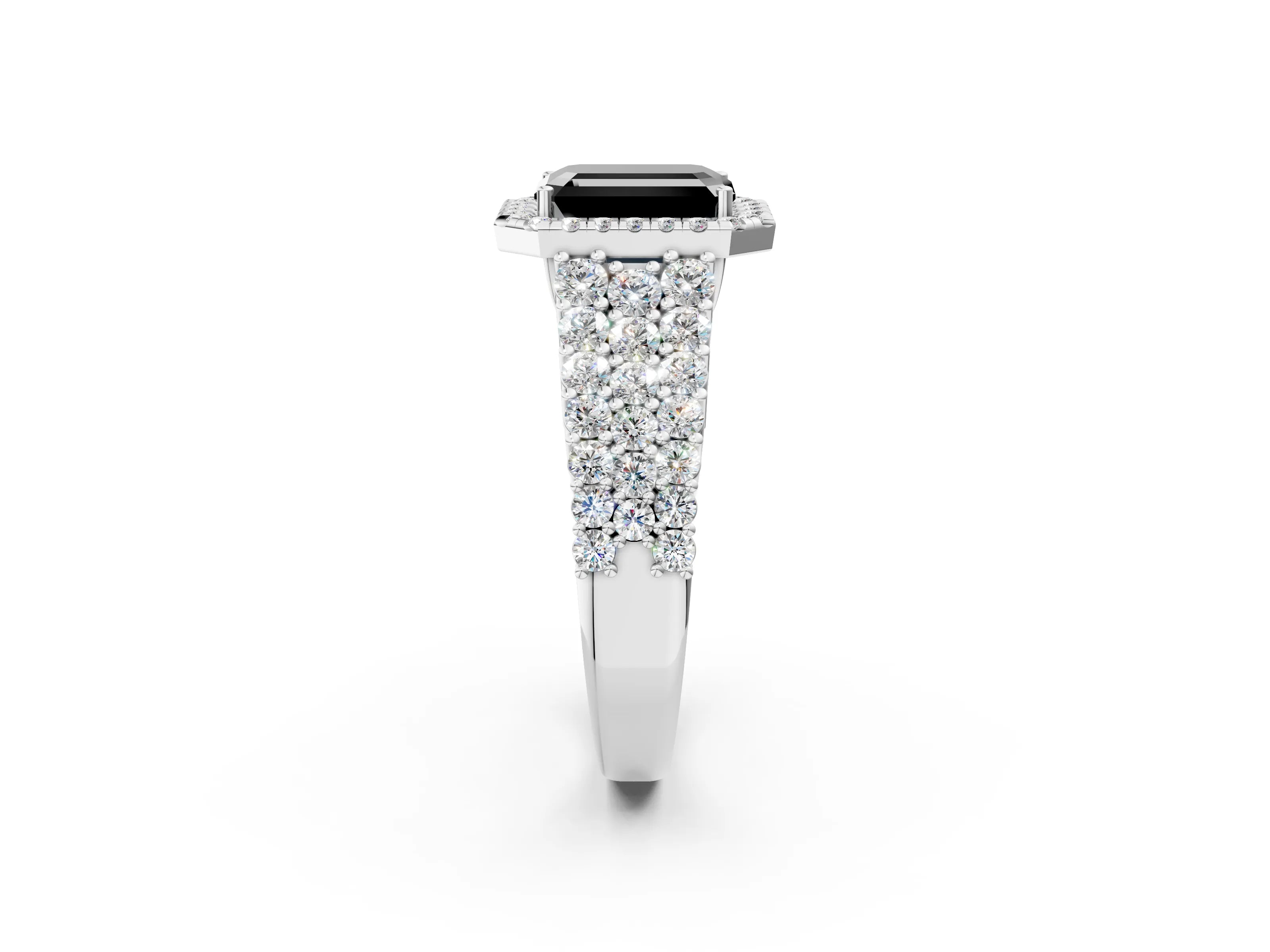 White gold Fancy Black Emerald Cut Halo Pavé Diamond Engagement Ring with Split Shank and Four-Prong Setting_5