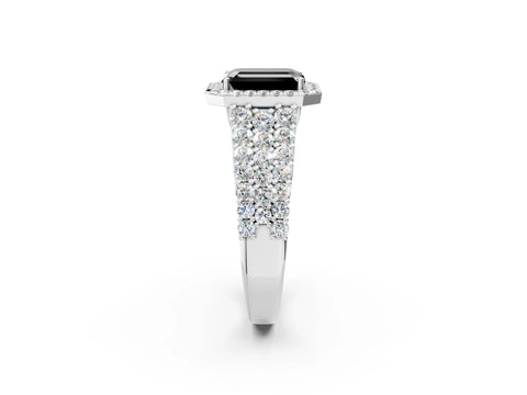 White gold Fancy Black Emerald Cut Halo Pavé Diamond Engagement Ring with Split Shank and Four-Prong Setting_5