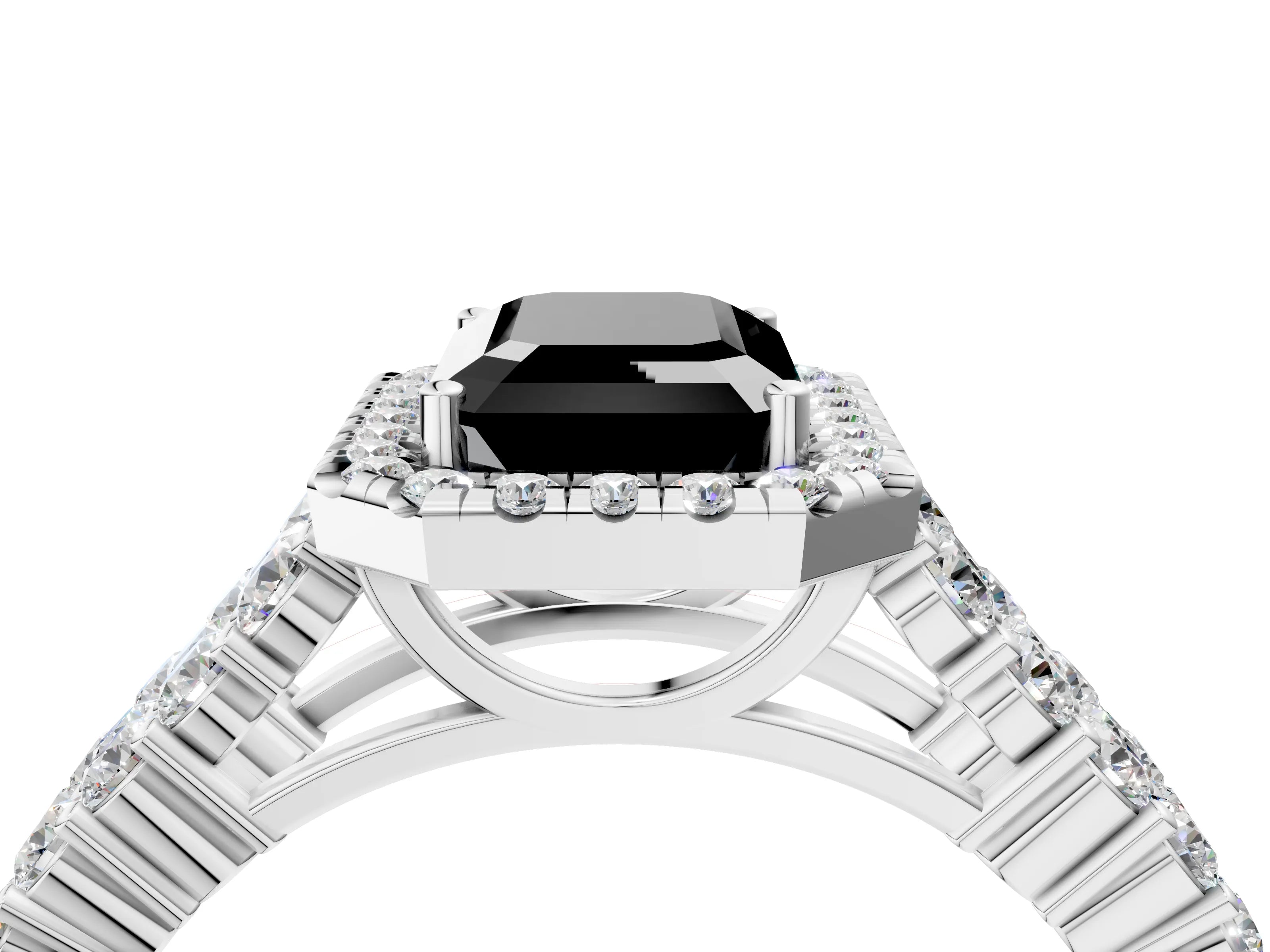 White gold Fancy Black Emerald Cut Halo Pavé Diamond Engagement Ring with Split Shank and Four-Prong Setting_7