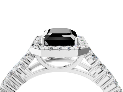 White gold Fancy Black Emerald Cut Halo Pavé Diamond Engagement Ring with Split Shank and Four-Prong Setting_7