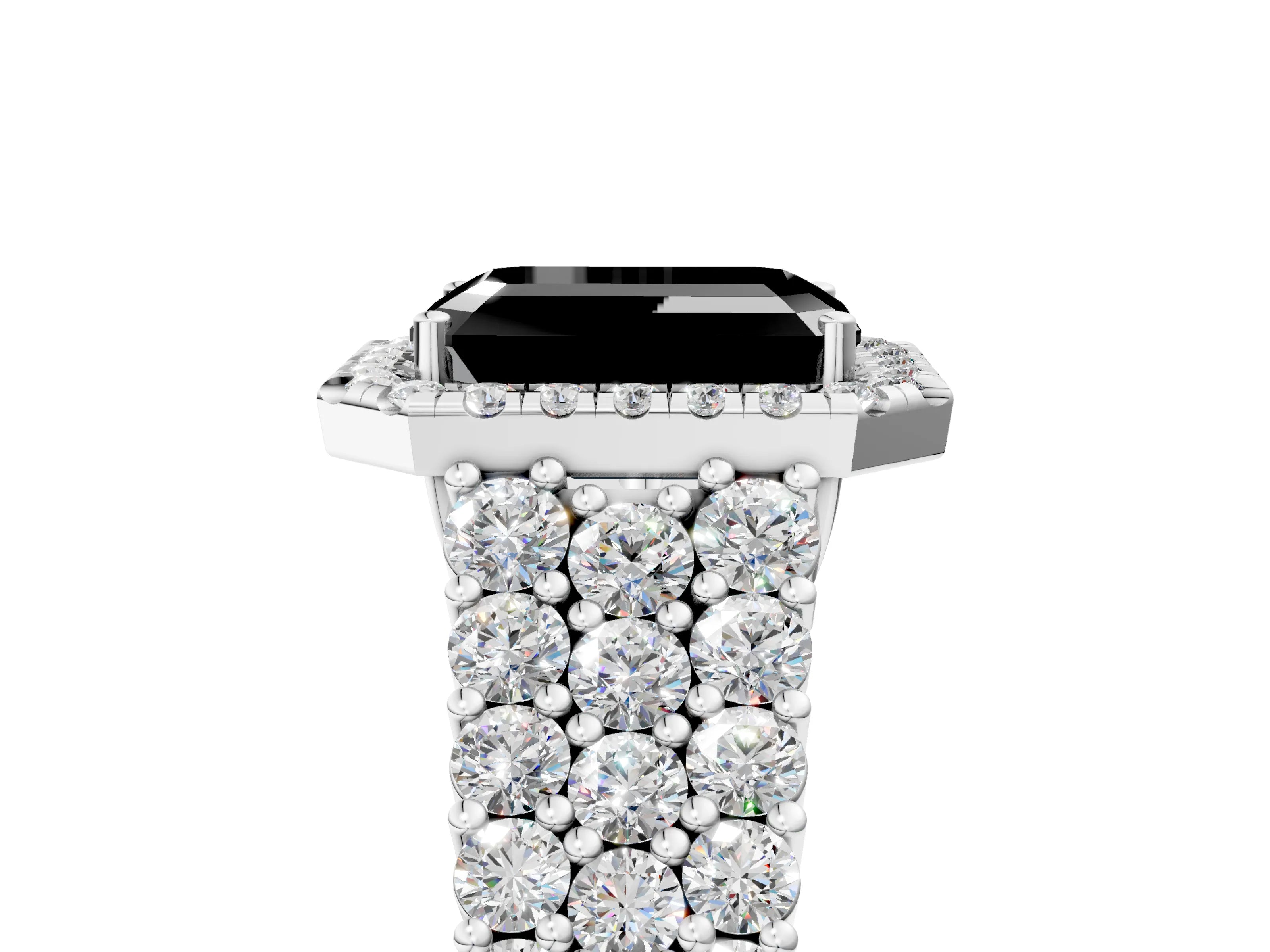 White gold Fancy Black Emerald Cut Halo Pavé Diamond Engagement Ring with Split Shank and Four-Prong Setting_8