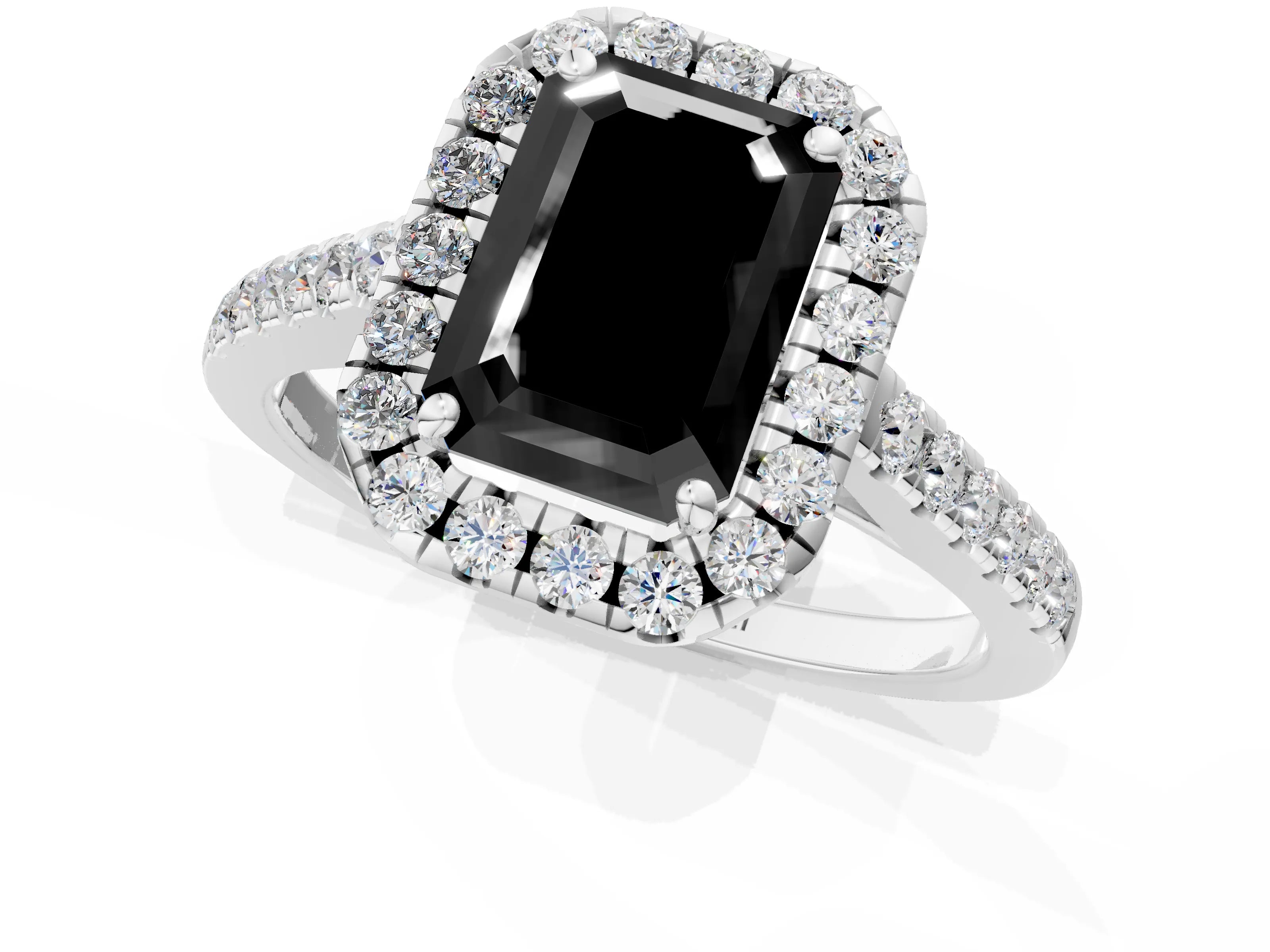 White gold Fancy Black Emerald Cut Halo Pave Diamond Engagement Ring with Four-Prong Setting_1