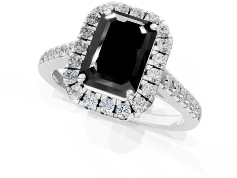 White gold Fancy Black Emerald Cut Halo Pave Diamond Engagement Ring with Four-Prong Setting_1