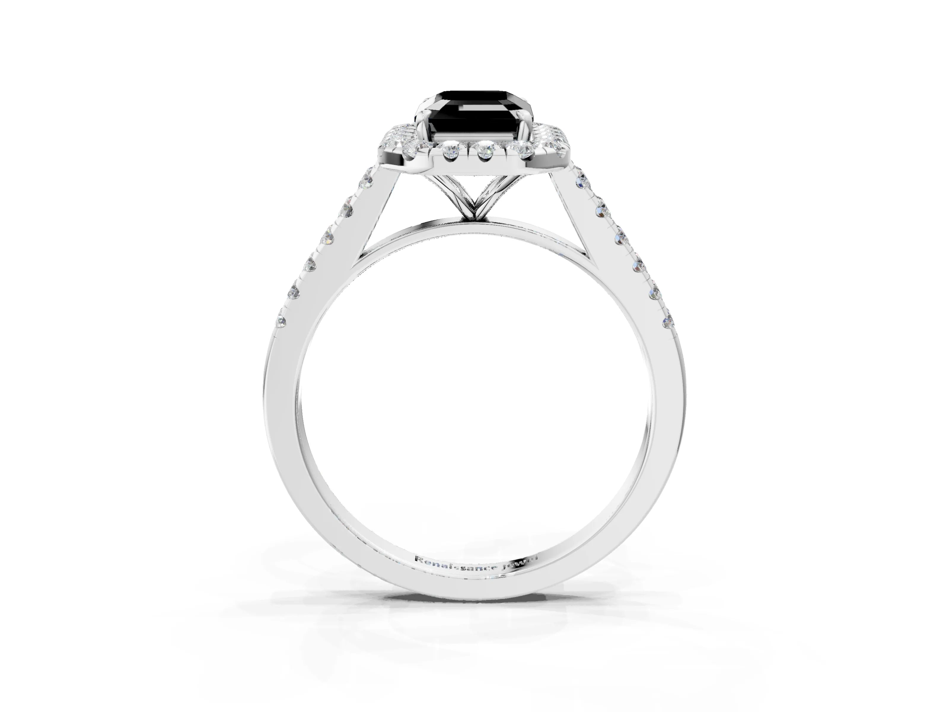White gold Fancy Black Emerald Cut Halo Pave Diamond Engagement Ring with Four-Prong Setting_3