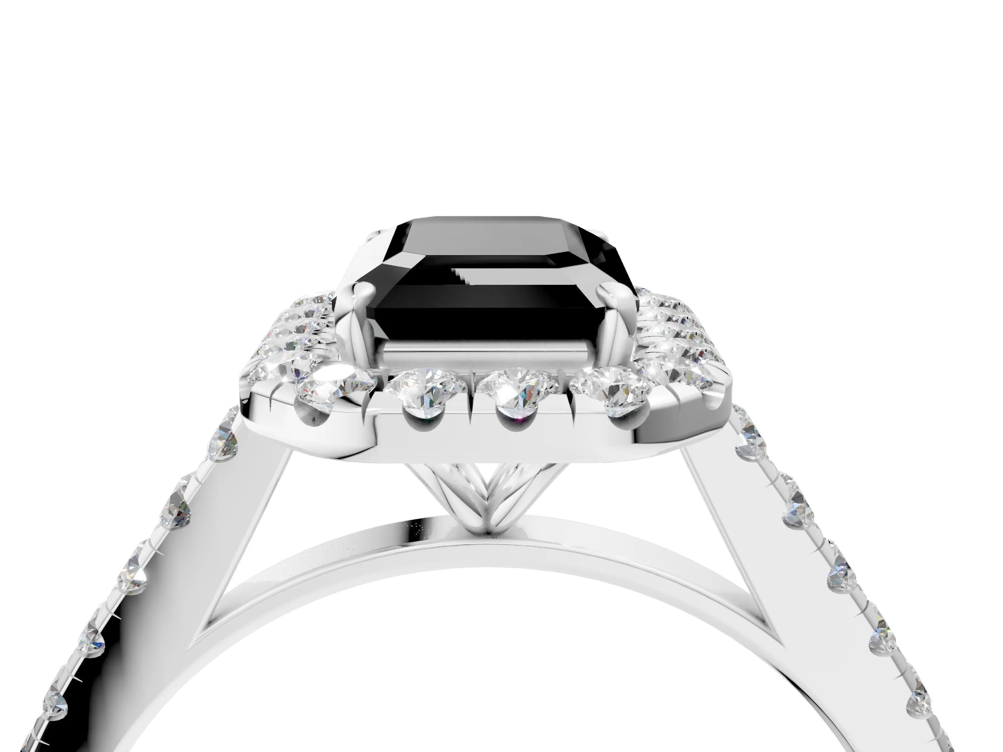 White gold Fancy Black Emerald Cut Halo Pave Diamond Engagement Ring with Four-Prong Setting_4