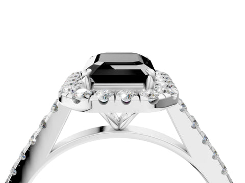 White gold Fancy Black Emerald Cut Halo Pave Diamond Engagement Ring with Four-Prong Setting_4