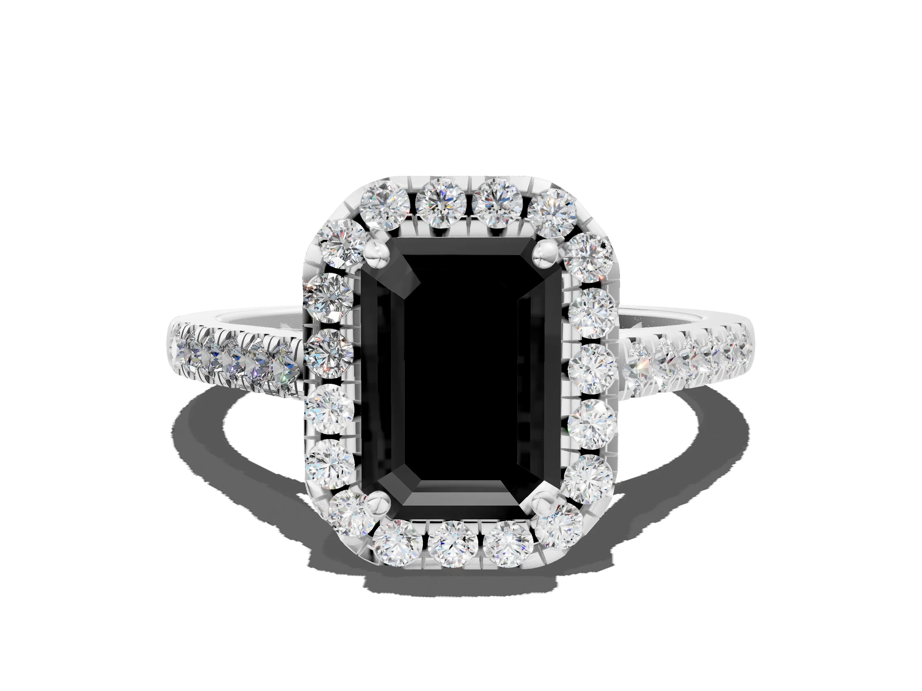 White gold Fancy Black Emerald Cut Halo Pave Diamond Engagement Ring with Four-Prong Setting