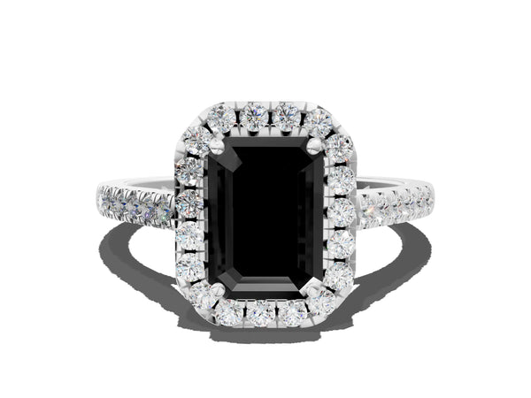 Platinum Fancy Black Emerald Cut Halo Pave Diamond Engagement Ring with Four-Prong Setting