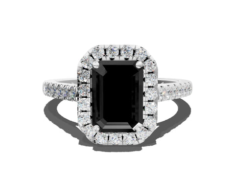 White gold Fancy Black Emerald Cut Halo Pave Diamond Engagement Ring with Four-Prong Setting