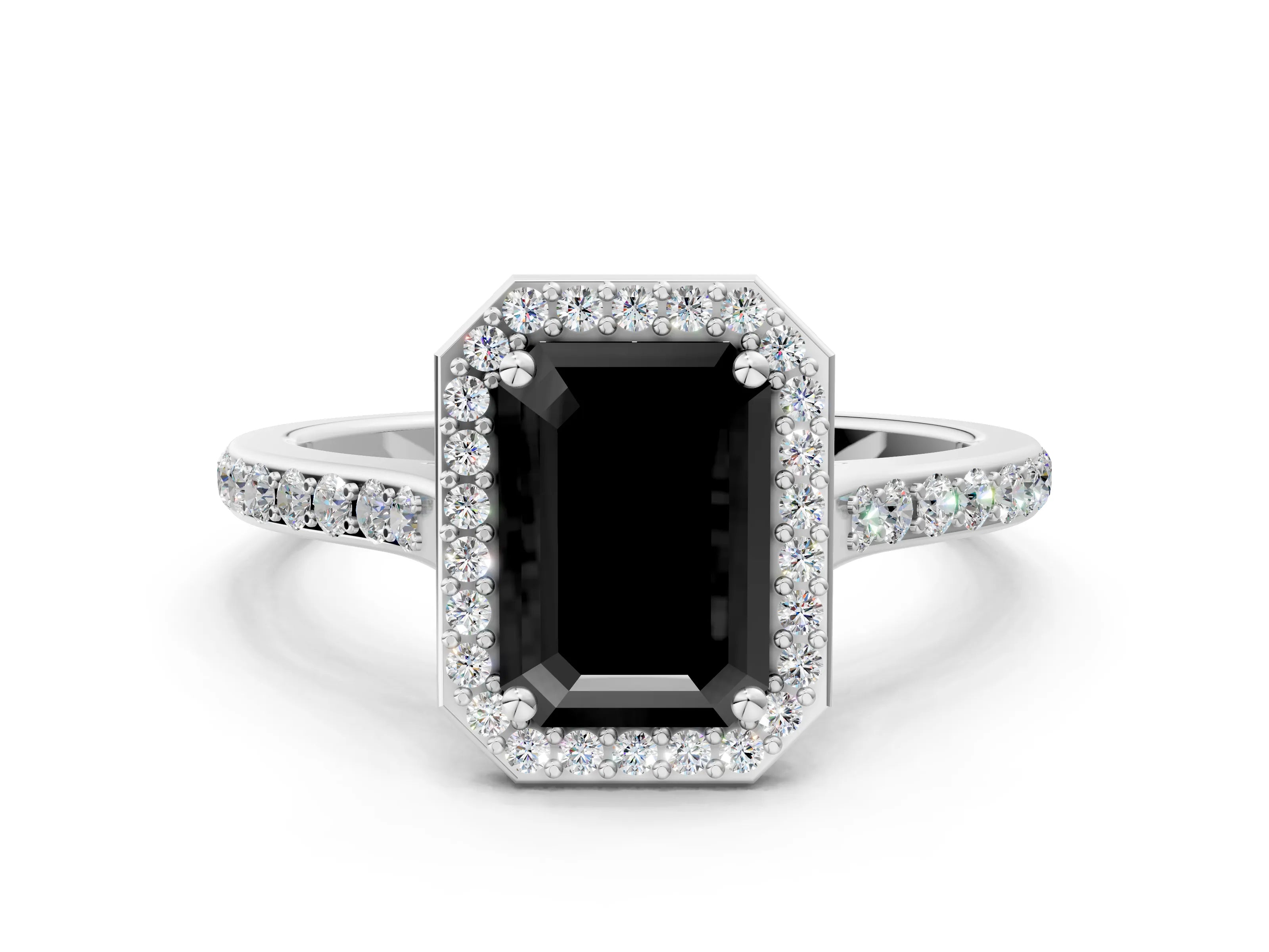 White gold Fancy Black Emerald Cut Halo Round Diamond Pavé Band with Four-Prong Setting_15