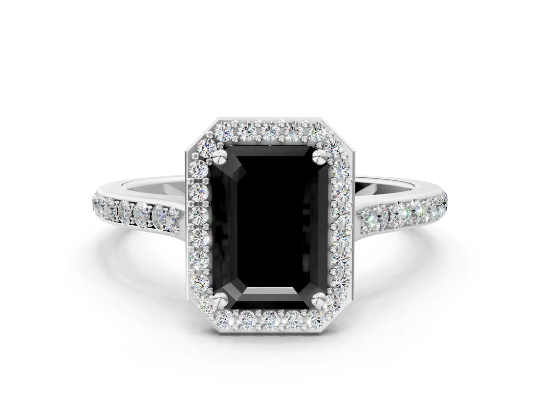 White gold Fancy Black Emerald Cut Halo Round Diamond Pavé Band with Four-Prong Setting_15