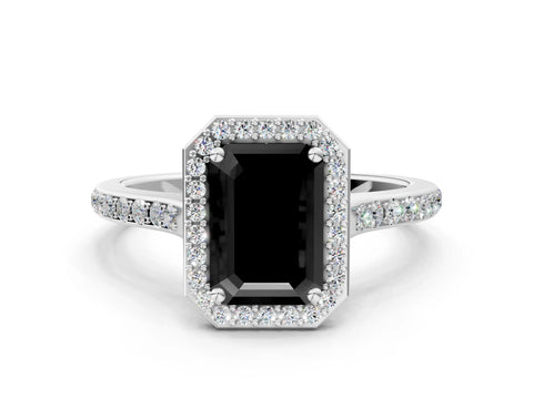 White gold Fancy Black Emerald Cut Halo Round Diamond Pavé Band with Four-Prong Setting_15
