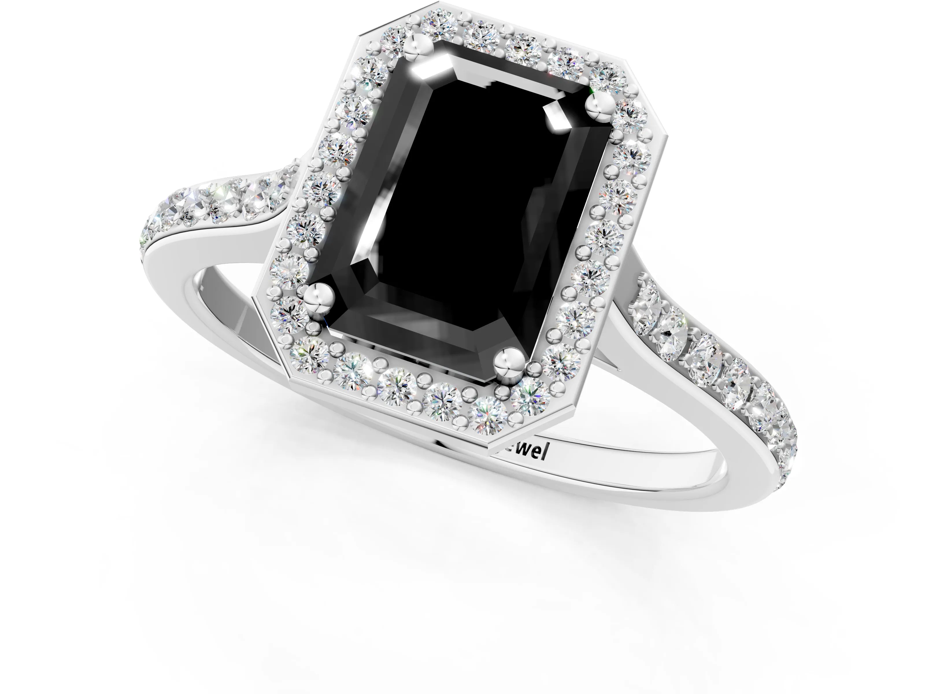 White gold Fancy Black Emerald Cut Halo Round Diamond Pavé Band with Four-Prong Setting_16