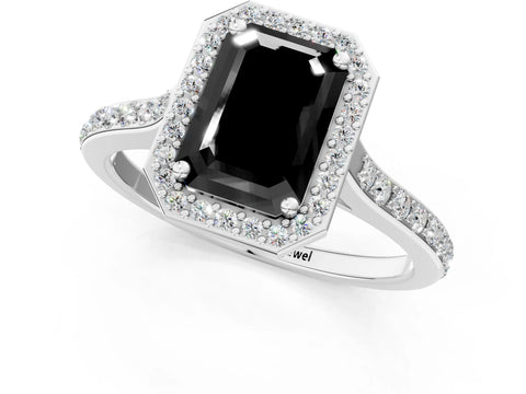 White gold Fancy Black Emerald Cut Halo Round Diamond Pavé Band with Four-Prong Setting_16