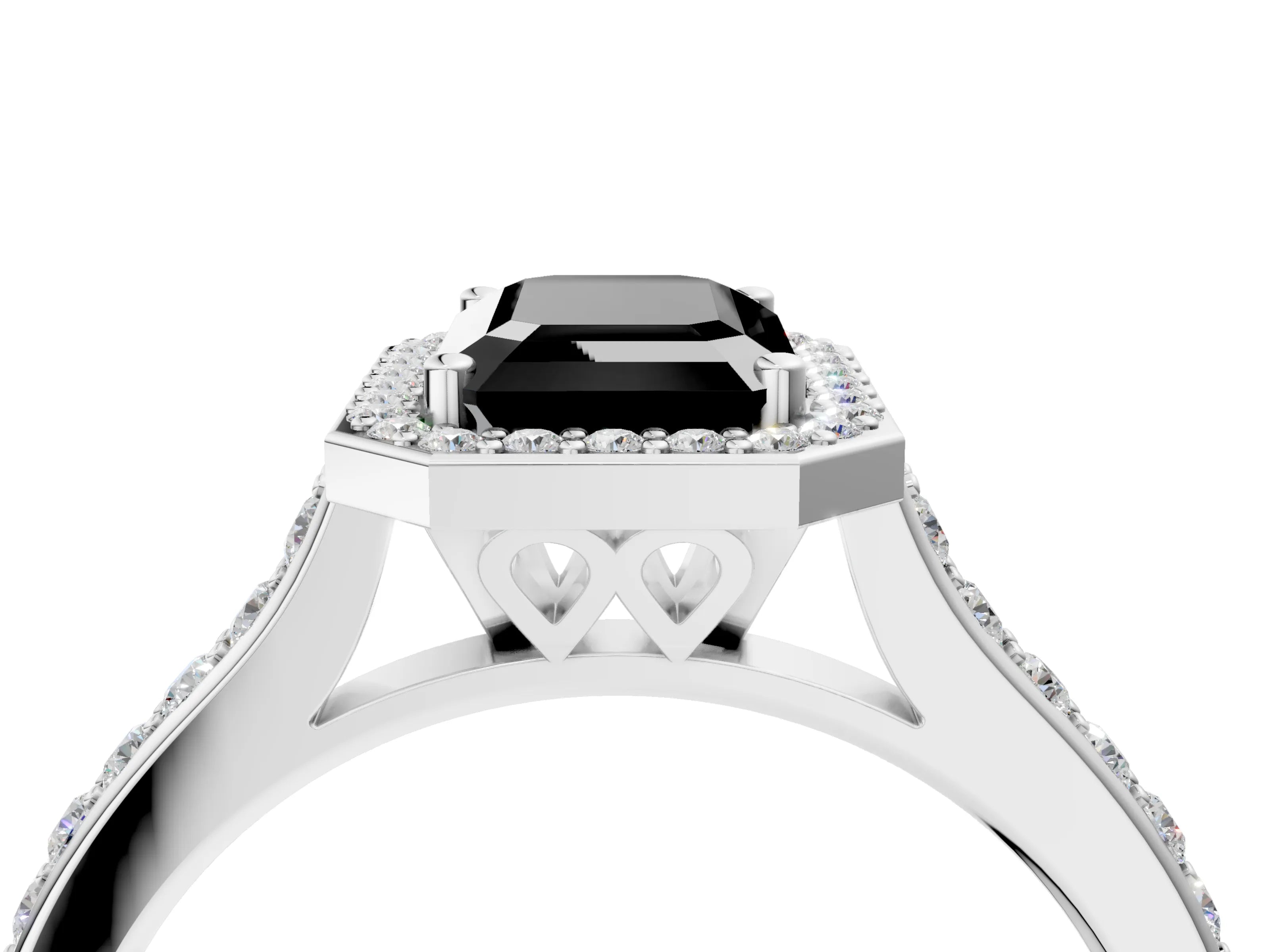 White gold Fancy Black Emerald Cut Halo Round Diamond Pavé Band with Four-Prong Setting_19