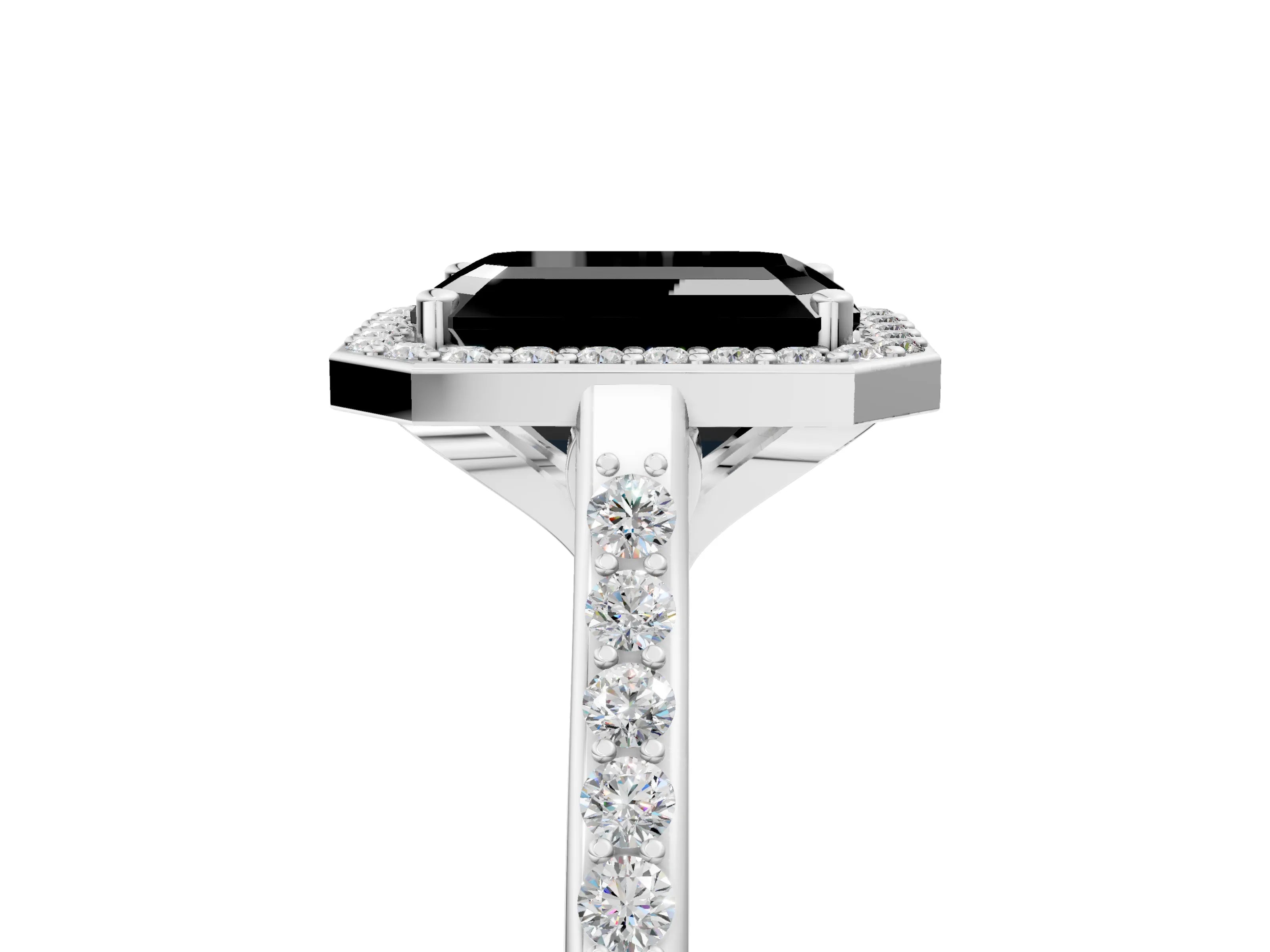 White gold Fancy Black Emerald Cut Halo Round Diamond Pavé Band with Four-Prong Setting_20
