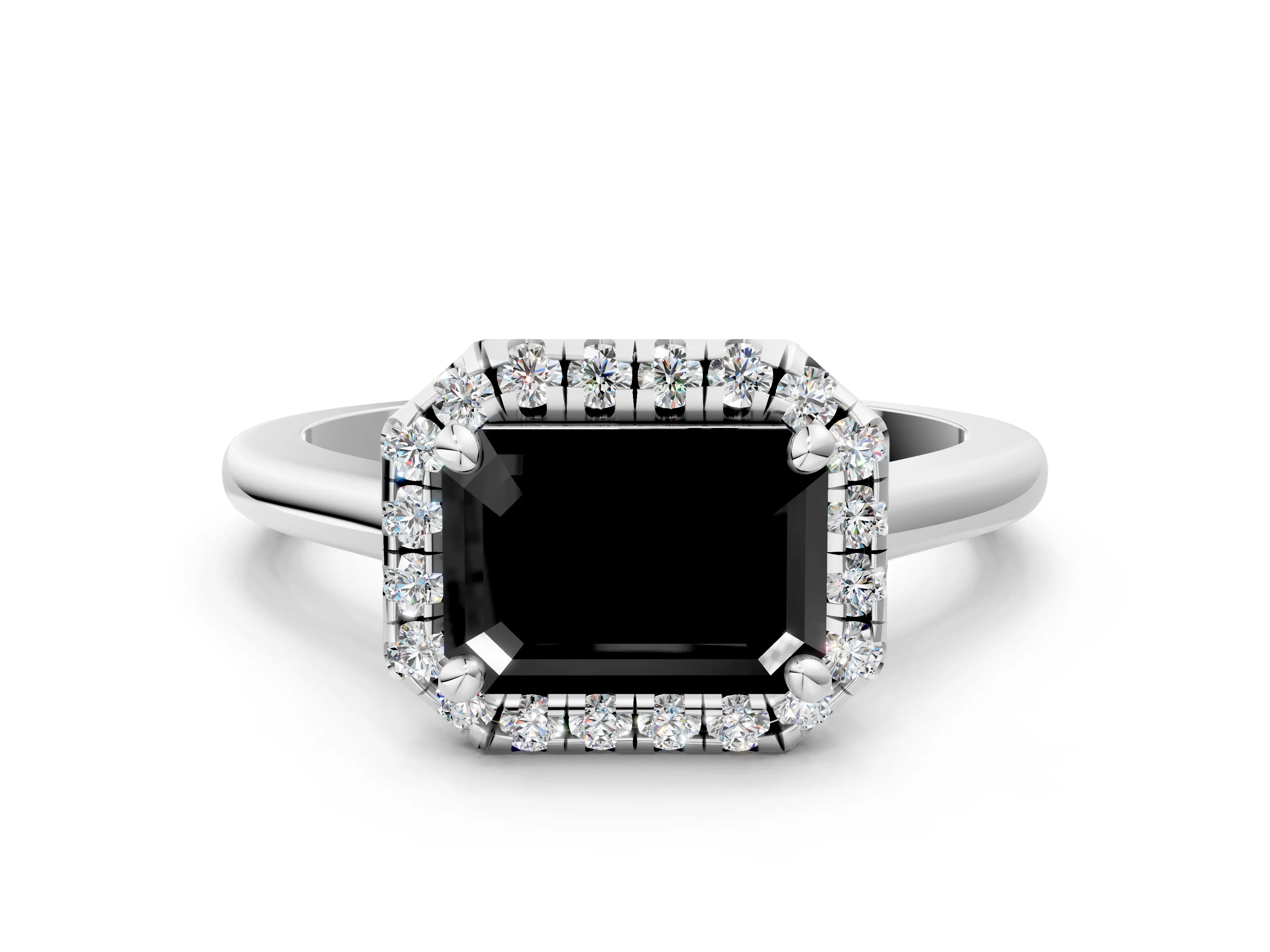 White gold Fancy Black Emerald Cut Halo Round Diamond Solitaire Engagement Ring with Pave Band and Four-Prong Setting_12