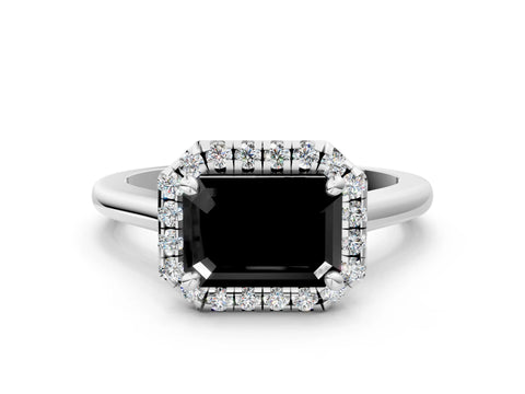 White gold Fancy Black Emerald Cut Halo Round Diamond Solitaire Engagement Ring with Pave Band and Four-Prong Setting_12