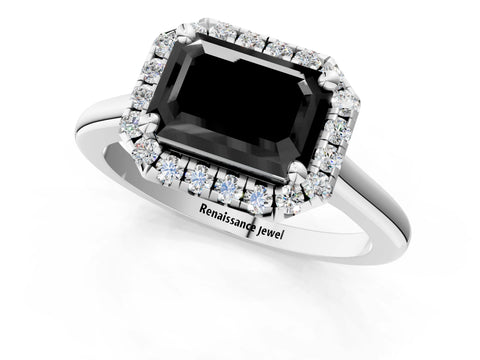 White gold Fancy Black Emerald Cut Halo Round Diamond Solitaire Engagement Ring with Pave Band and Four-Prong Setting_13