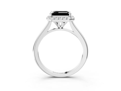 White gold Fancy Black Emerald Cut Halo Round Diamond Solitaire Engagement Ring with Pave Band and Four-Prong Setting_15