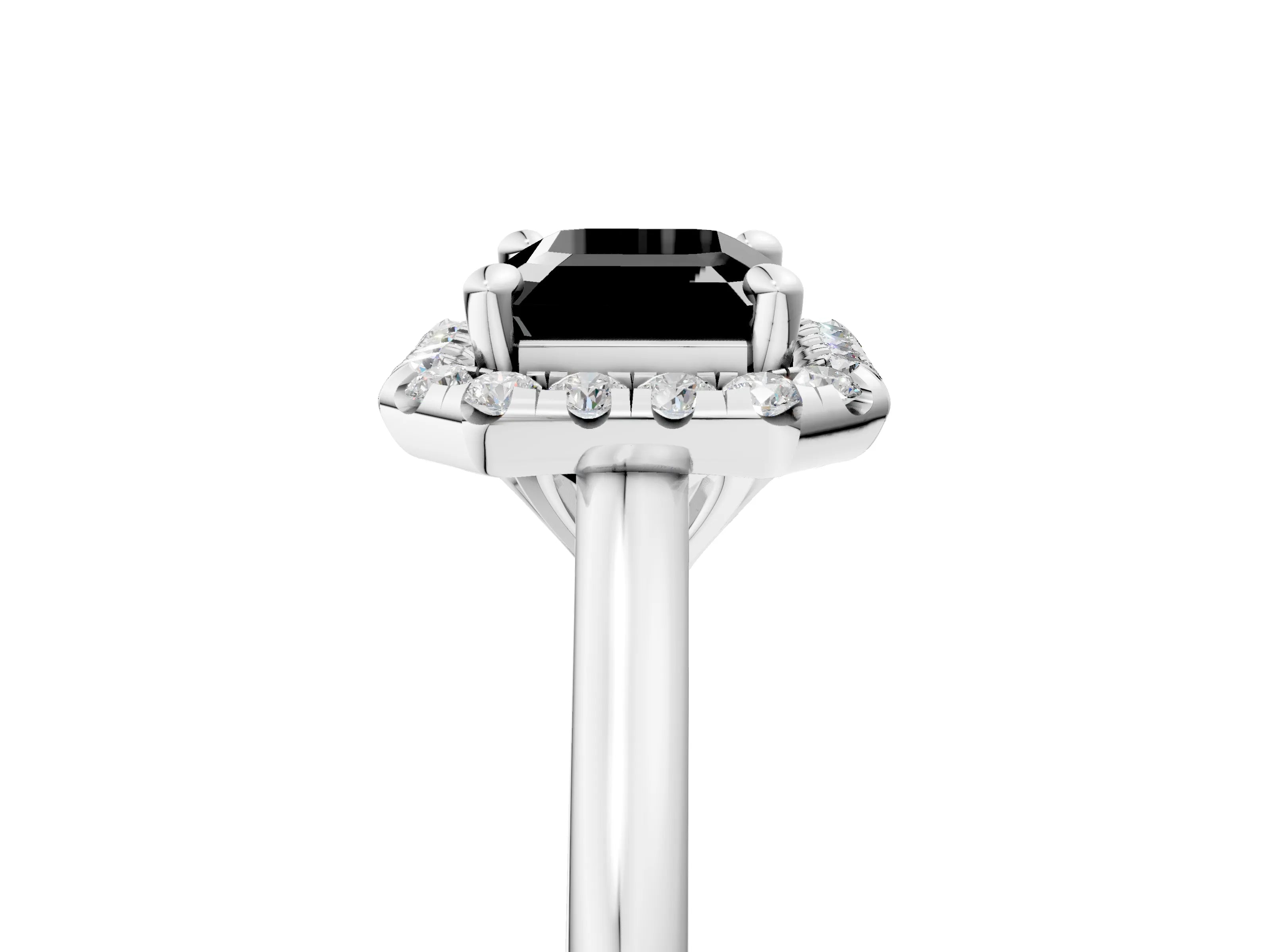 White gold Fancy Black Emerald Cut Halo Round Diamond Solitaire Engagement Ring with Pave Band and Four-Prong Setting_17