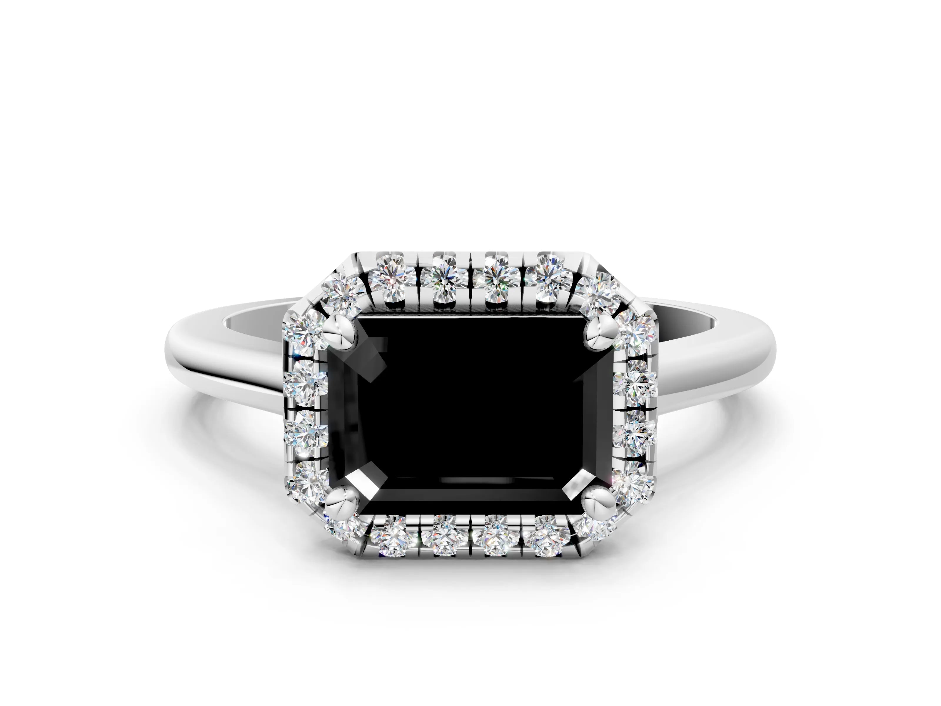 White gold Fancy Black Emerald Cut Halo Round Diamond Solitaire Engagement Ring with Pave Band and Four-Prong Setting_24