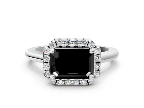 White gold Fancy Black Emerald Cut Halo Round Diamond Solitaire Engagement Ring with Pave Band and Four-Prong Setting_24