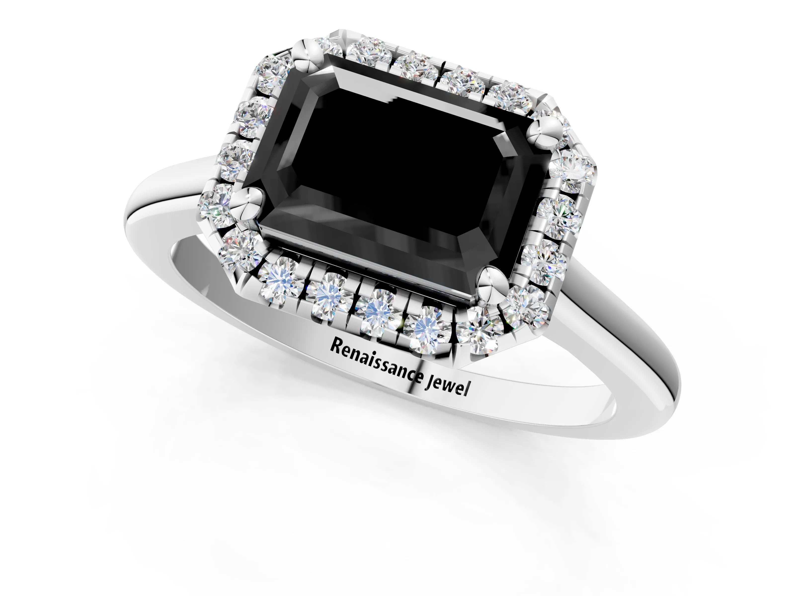 White gold Fancy Black Emerald Cut Halo Round Diamond Solitaire Engagement Ring with Pave Band and Four-Prong Setting_25