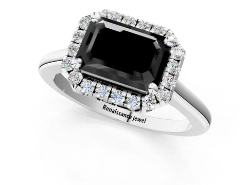 White gold Fancy Black Emerald Cut Halo Round Diamond Solitaire Engagement Ring with Pave Band and Four-Prong Setting_25