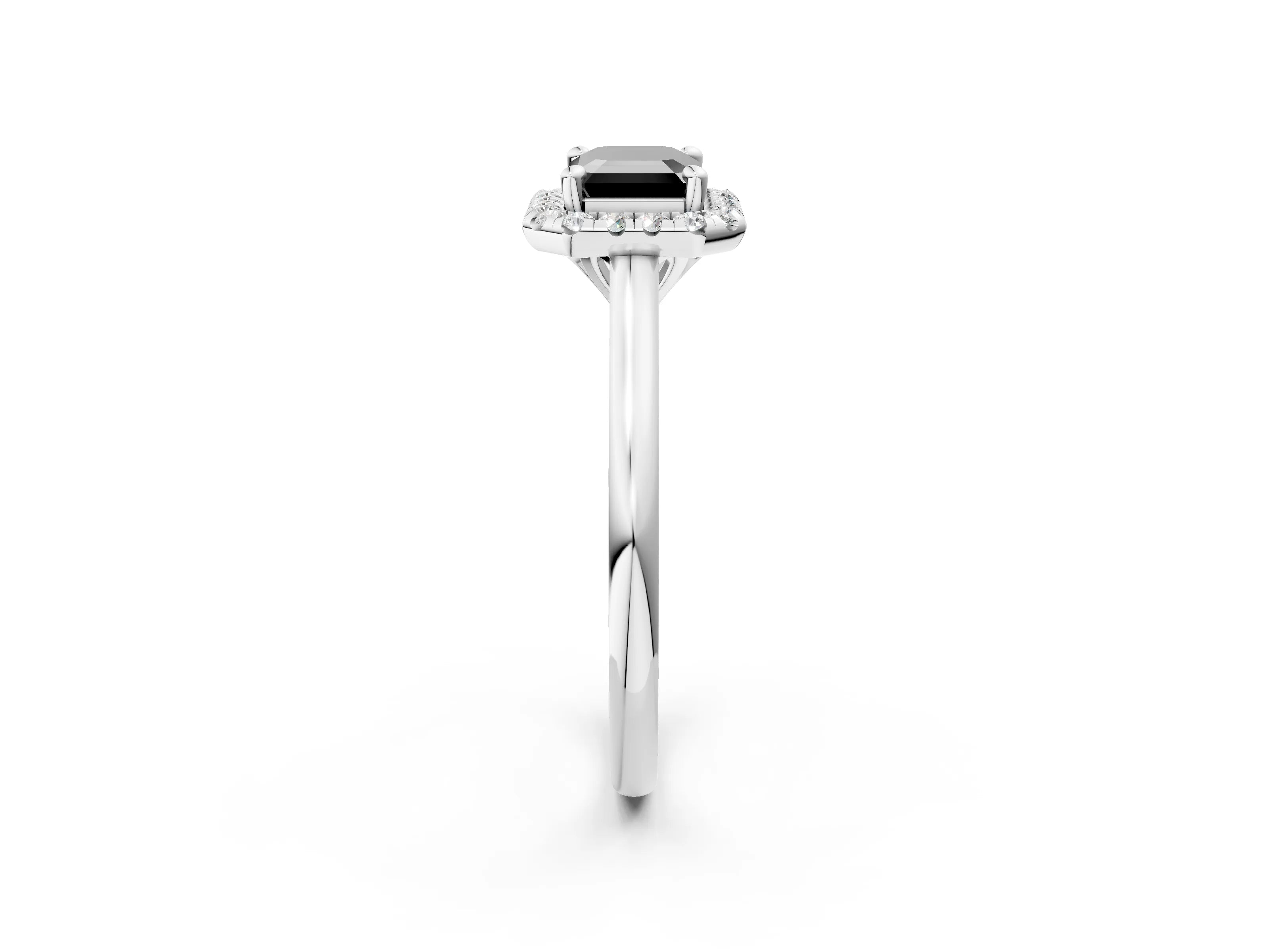 White gold Fancy Black Emerald Cut Halo Round Diamond Solitaire Engagement Ring with Pave Band and Four-Prong Setting_26