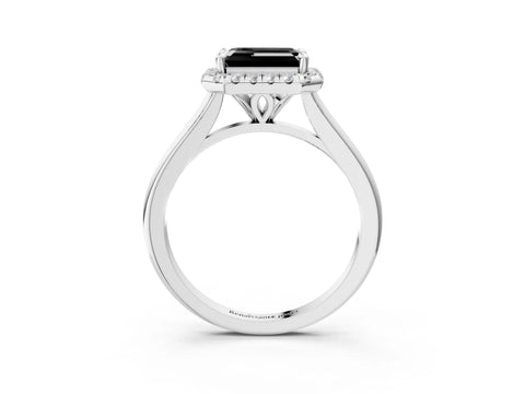 White gold Fancy Black Emerald Cut Halo Round Diamond Solitaire Engagement Ring with Pave Band and Four-Prong Setting_27