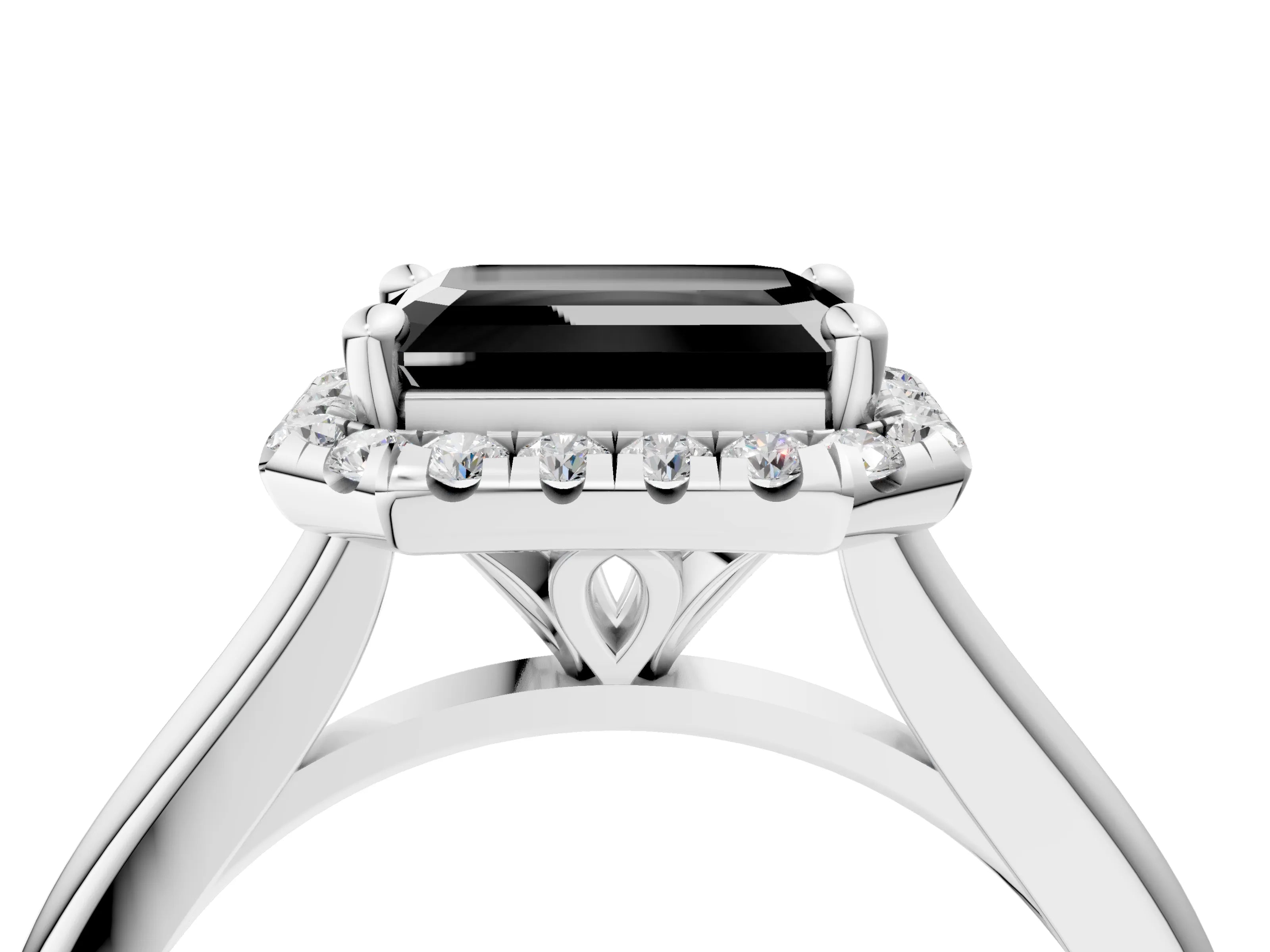 White gold Fancy Black Emerald Cut Halo Round Diamond Solitaire Engagement Ring with Pave Band and Four-Prong Setting_28