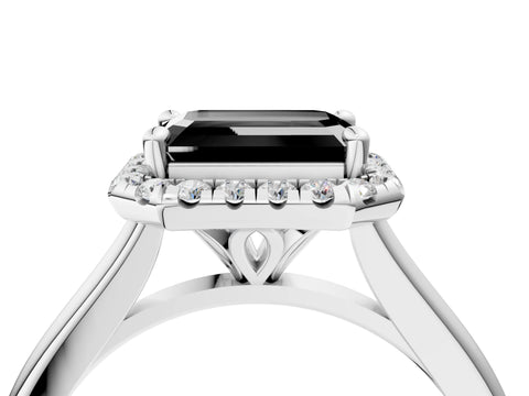 White gold Fancy Black Emerald Cut Halo Round Diamond Solitaire Engagement Ring with Pave Band and Four-Prong Setting_28