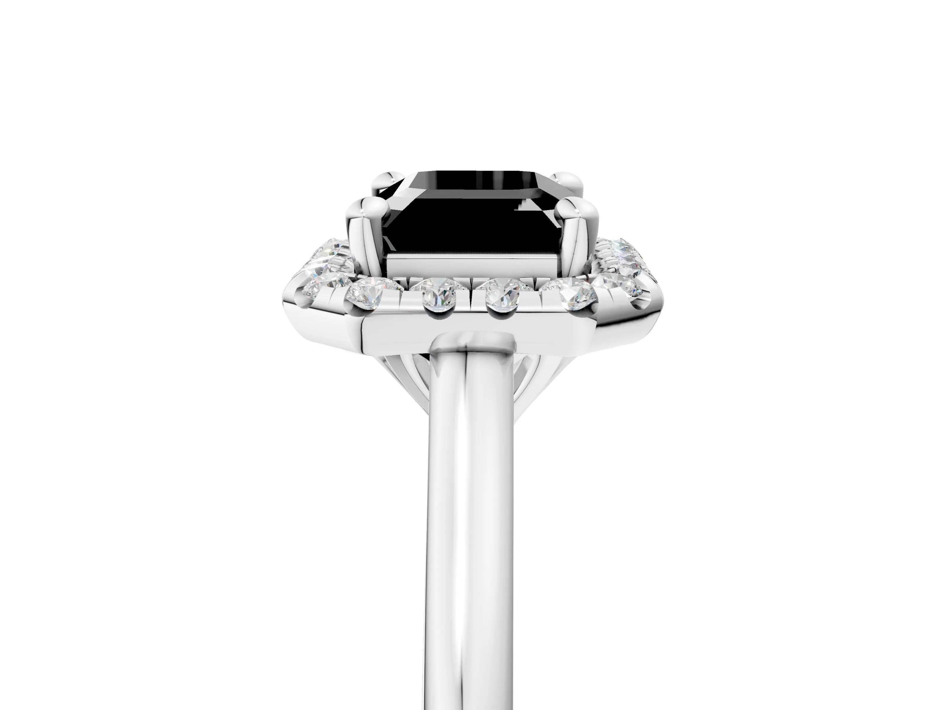 White gold Fancy Black Emerald Cut Halo Round Diamond Solitaire Engagement Ring with Pave Band and Four-Prong Setting_29