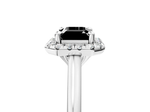 White gold Fancy Black Emerald Cut Halo Round Diamond Solitaire Engagement Ring with Pave Band and Four-Prong Setting_29