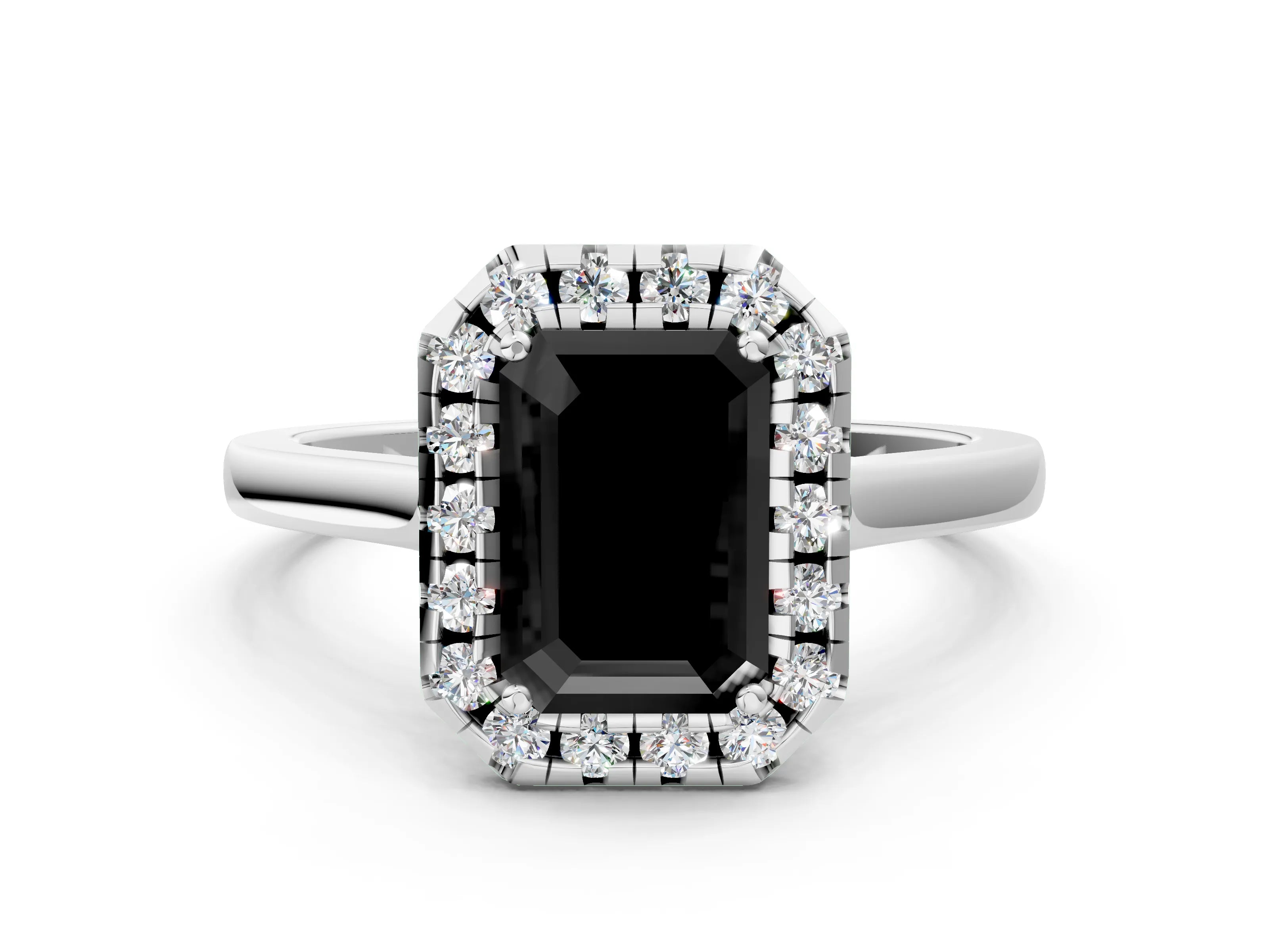 White gold Fancy Black Emerald Cut Halo Round Diamond Solitaire Ring with Pavé Band and Four-Prong Setting