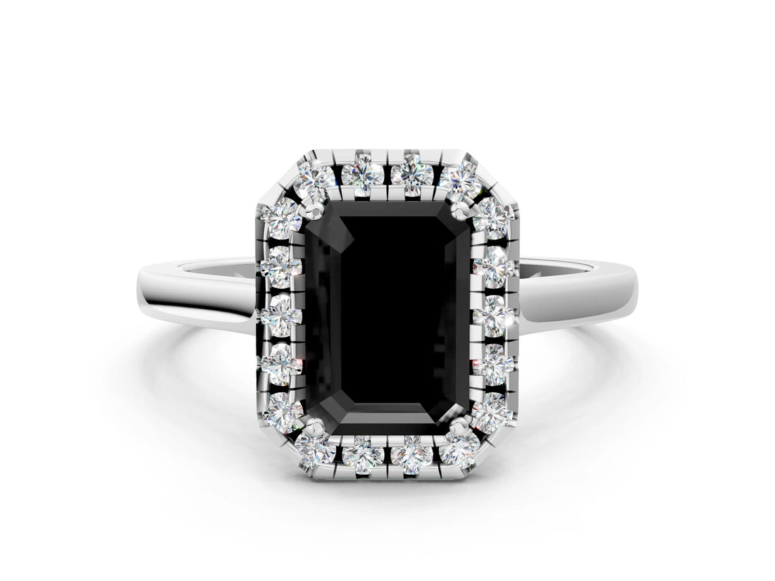 White gold Fancy Black Emerald Cut Halo Round Diamond Solitaire Ring with Pavé Band and Four-Prong Setting