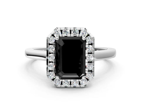 White gold Fancy Black Emerald Cut Halo Round Diamond Solitaire Ring with Pavé Band and Four-Prong Setting