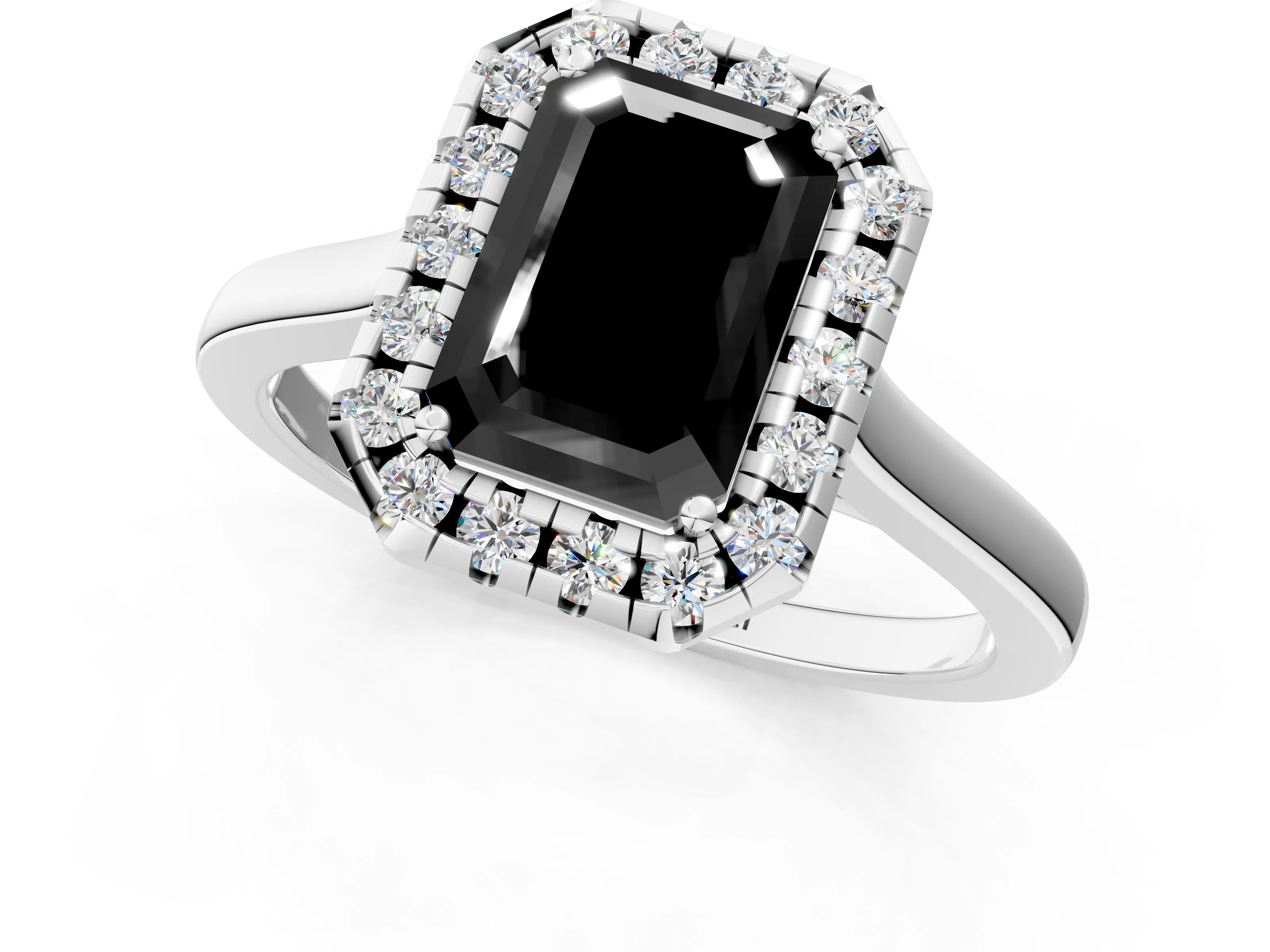 White gold Fancy Black Emerald Cut Halo Round Diamond Solitaire Ring with Pavé Band and Four-Prong Setting_1