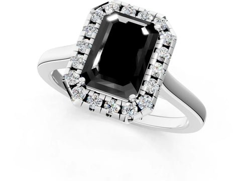 White gold Fancy Black Emerald Cut Halo Round Diamond Solitaire Ring with Pavé Band and Four-Prong Setting_1