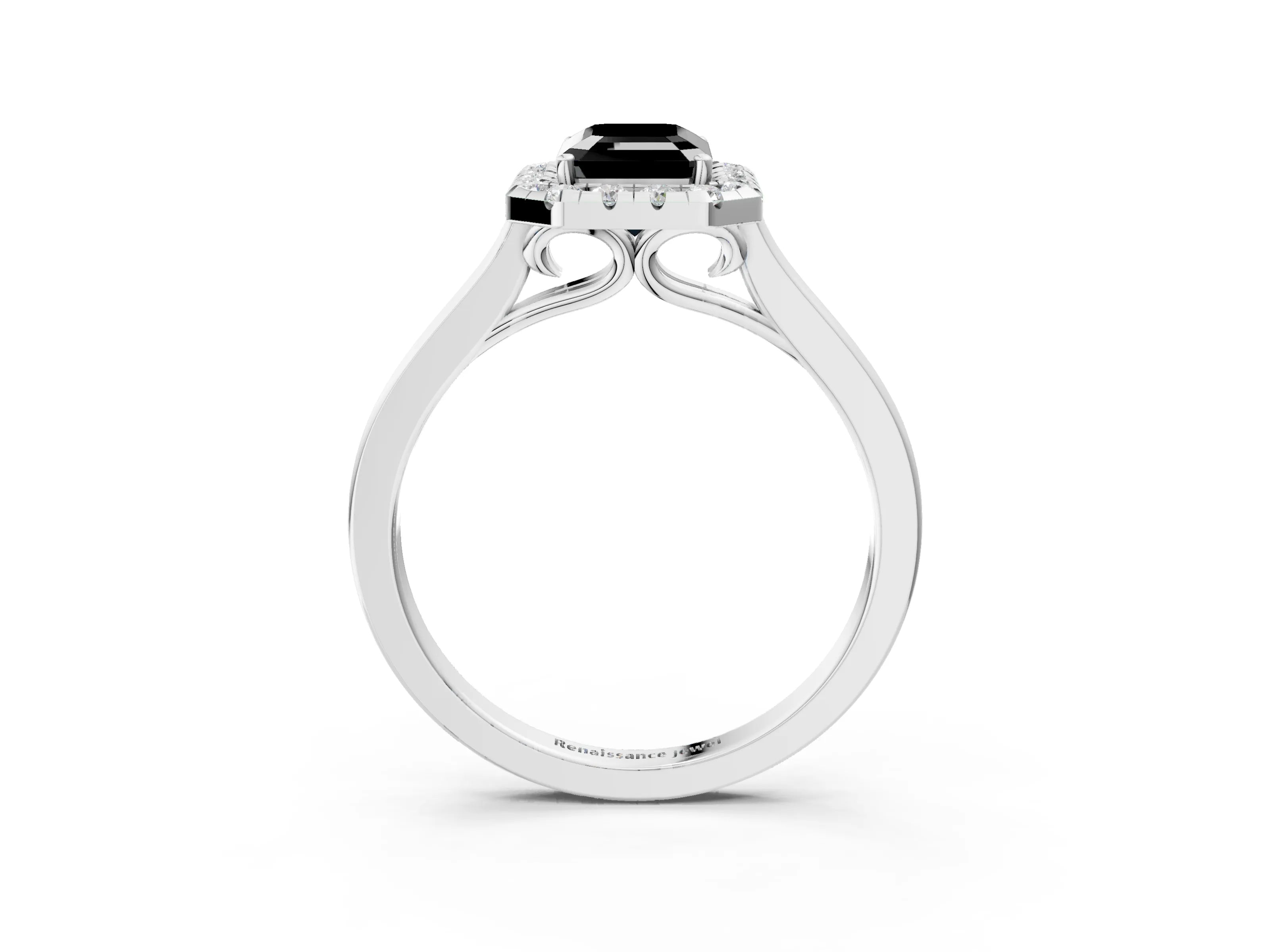 White gold Fancy Black Emerald Cut Halo Round Diamond Solitaire Ring with Pavé Band and Four-Prong Setting_3