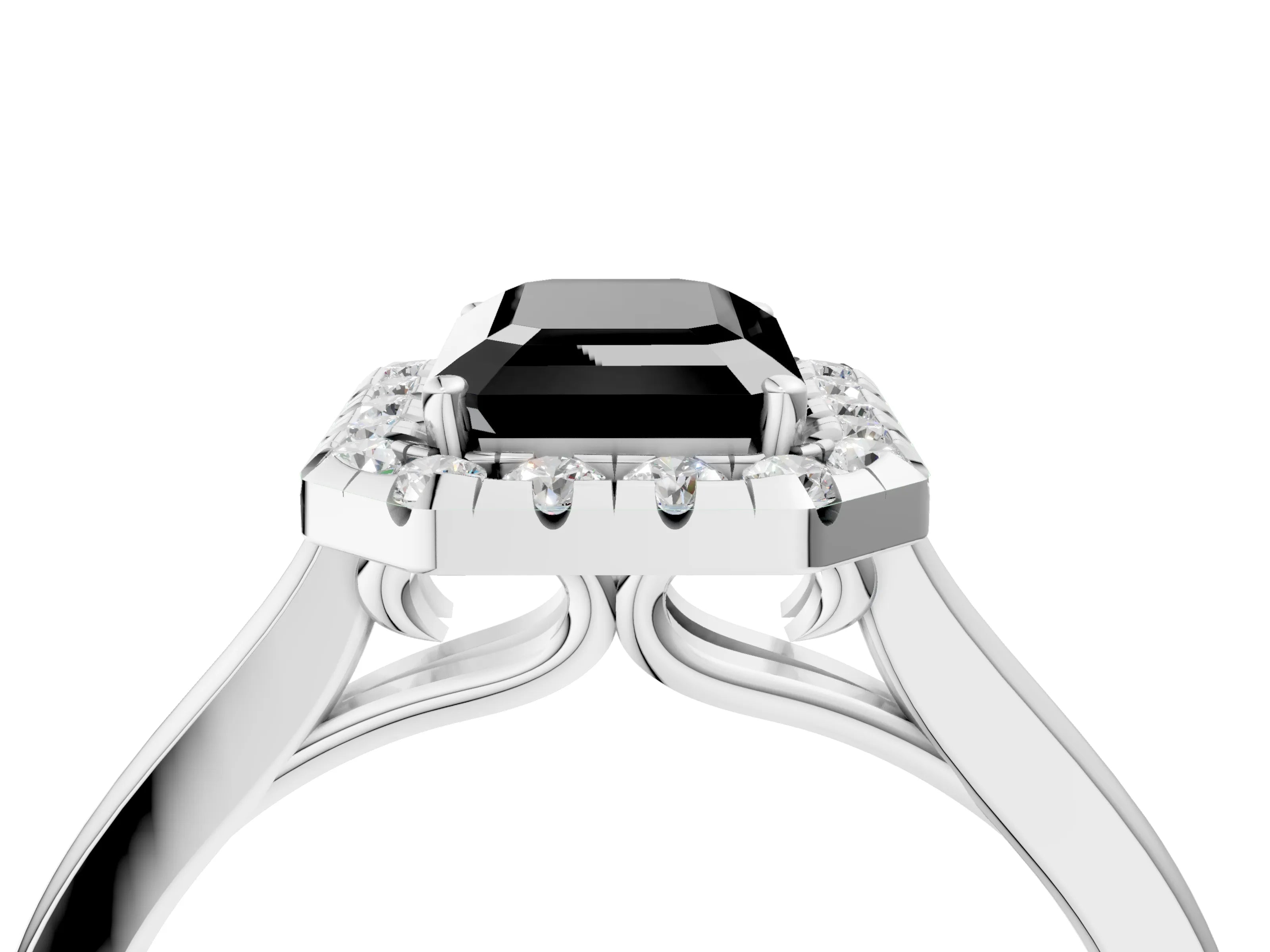 White gold Fancy Black Emerald Cut Halo Round Diamond Solitaire Ring with Pavé Band and Four-Prong Setting_4