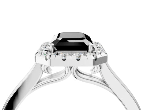 White gold Fancy Black Emerald Cut Halo Round Diamond Solitaire Ring with Pavé Band and Four-Prong Setting_4