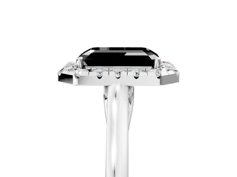 White gold Fancy Black Emerald Cut Halo Round Diamond Solitaire Ring with Pavé Band and Four-Prong Setting_5