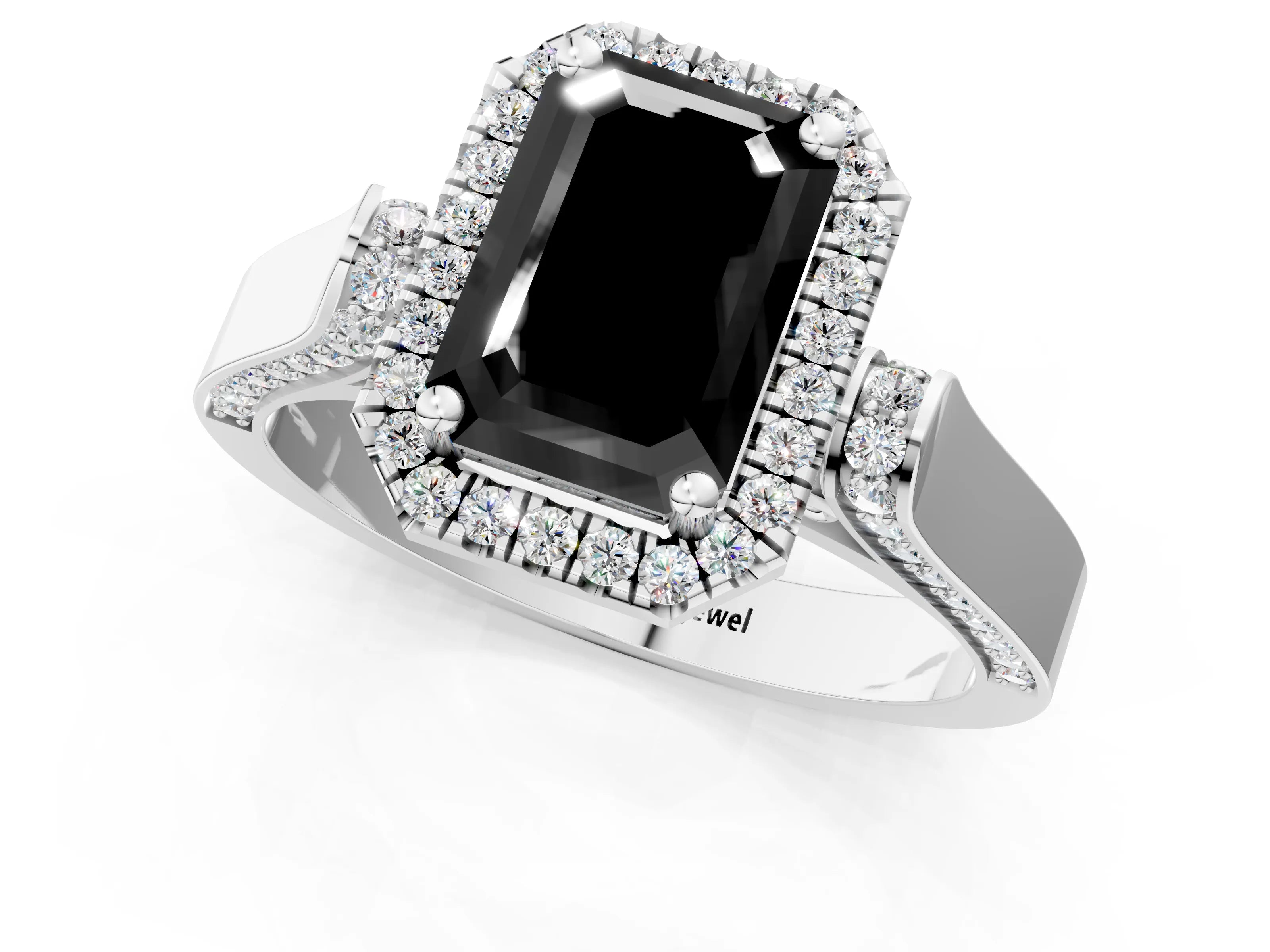 White gold Fancy Black Emerald Cut Halo Round Diamond Twist Band with Four-Prong Setting_1